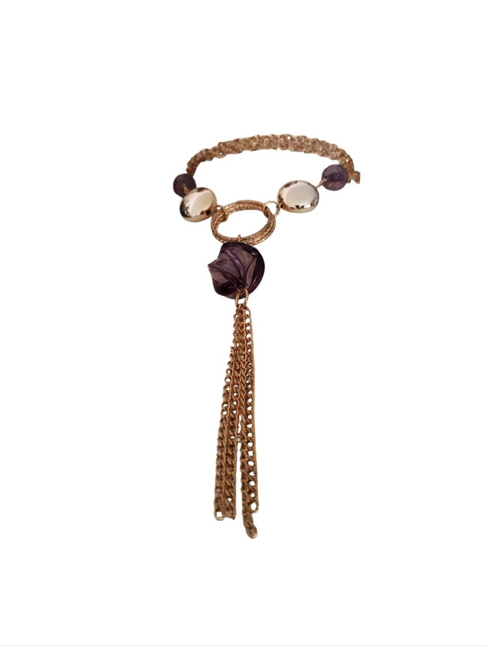 Elegant Gold-Tone Necklacewith Purple Bead and Tassel